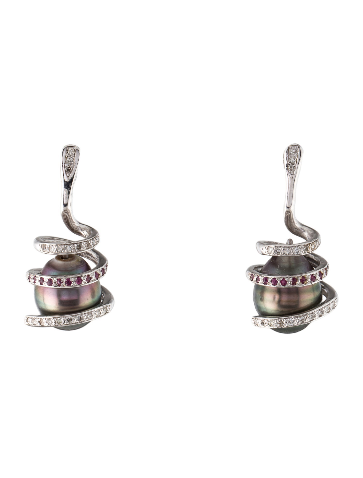 Earrings 18K Pearl, Ruby, & Diamond Swirl Drop