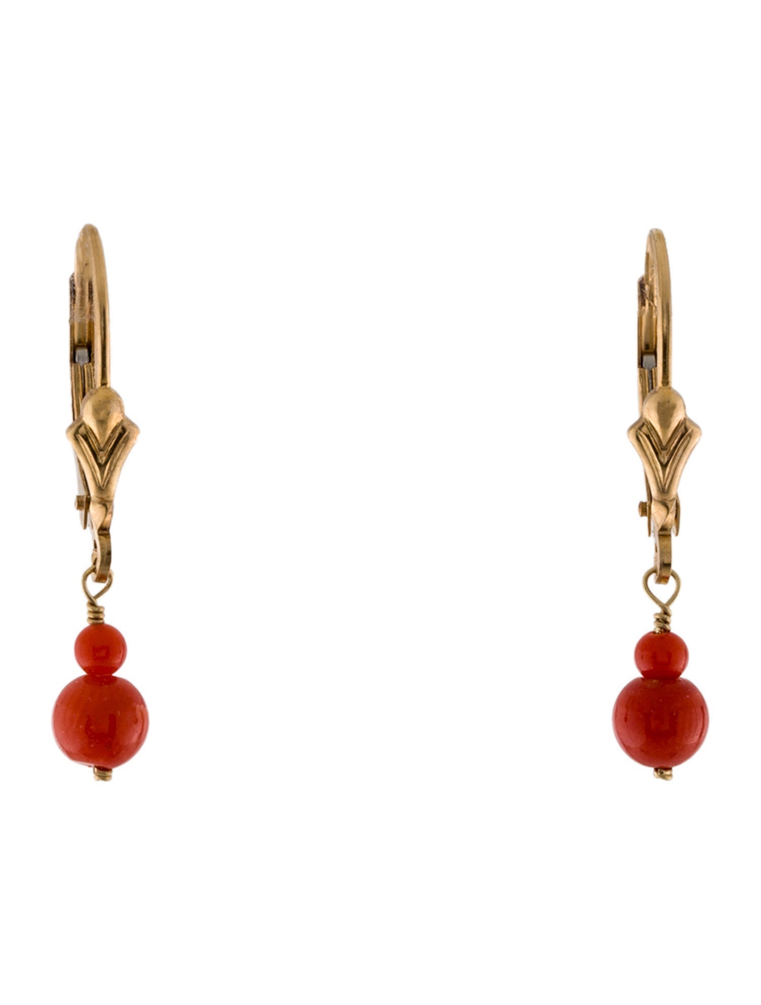 Earrings 14K Coral Double Bead Drop
