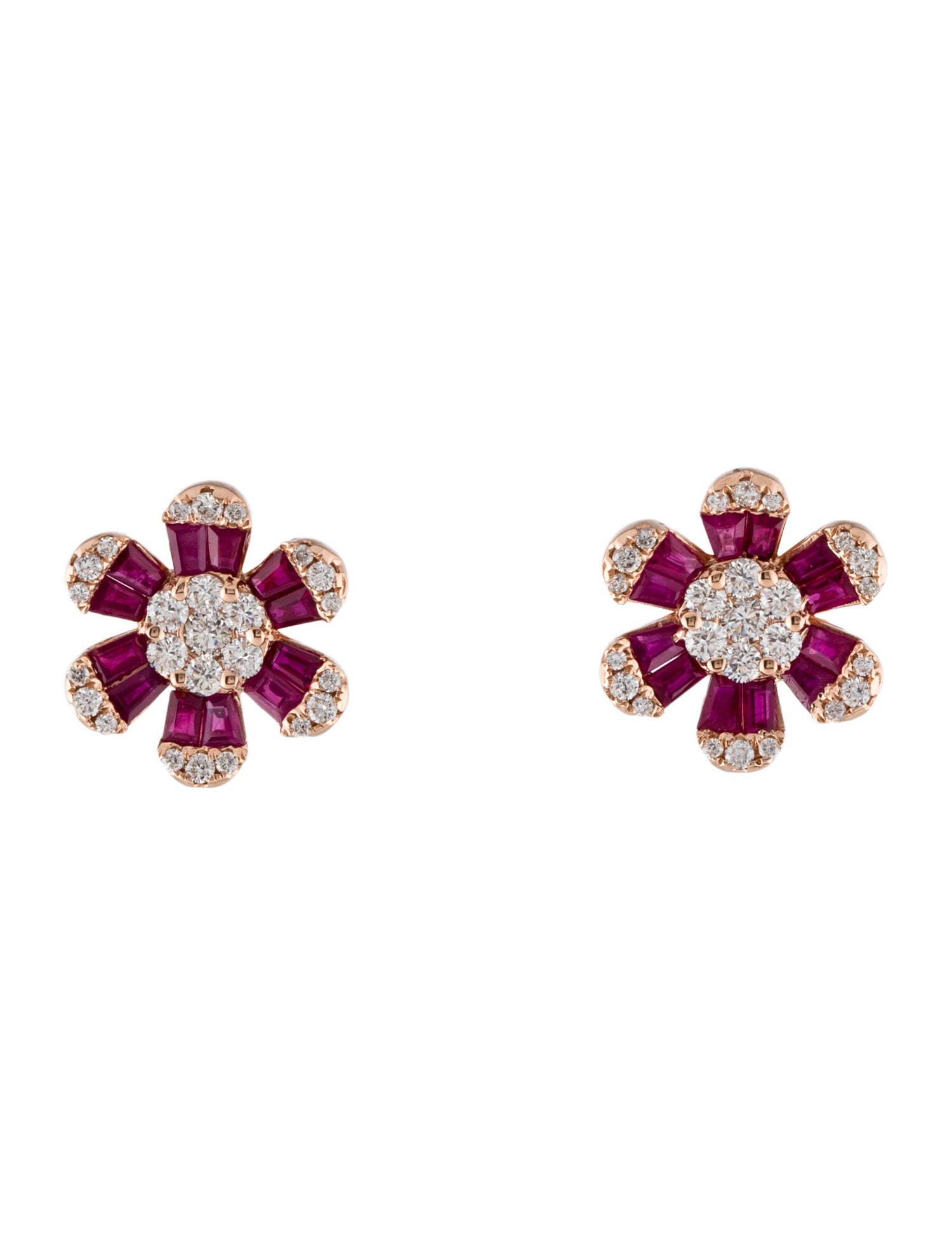 Earrings 14K 1.38ctw Ruby & Diamond Flower Stud Earrings