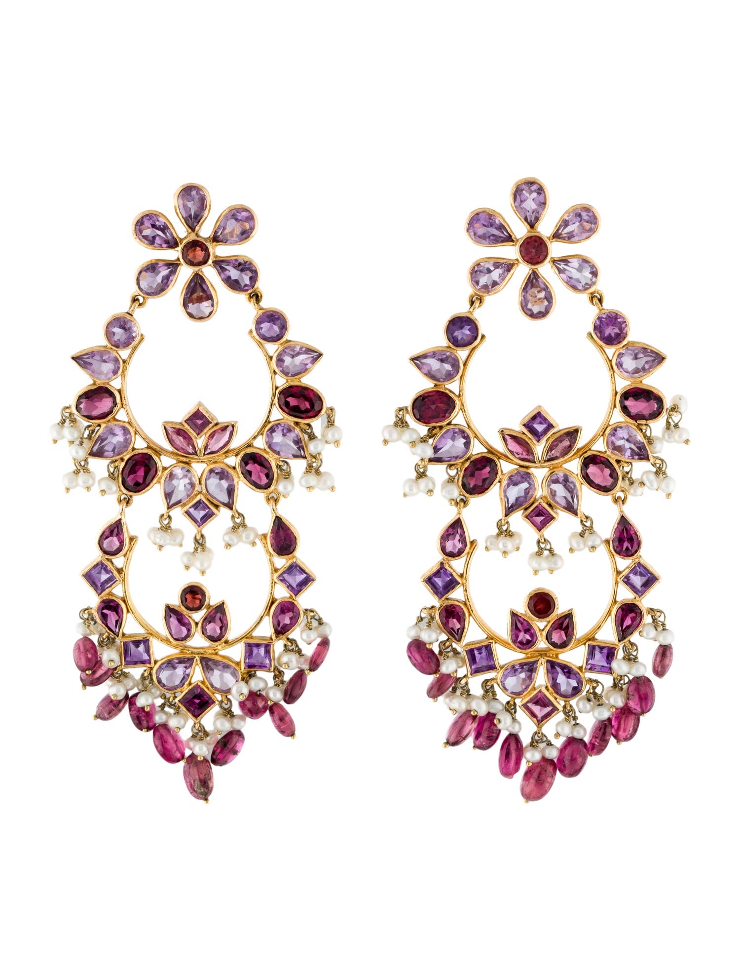 Earrings 14K Pearl & Multistone Chandelier