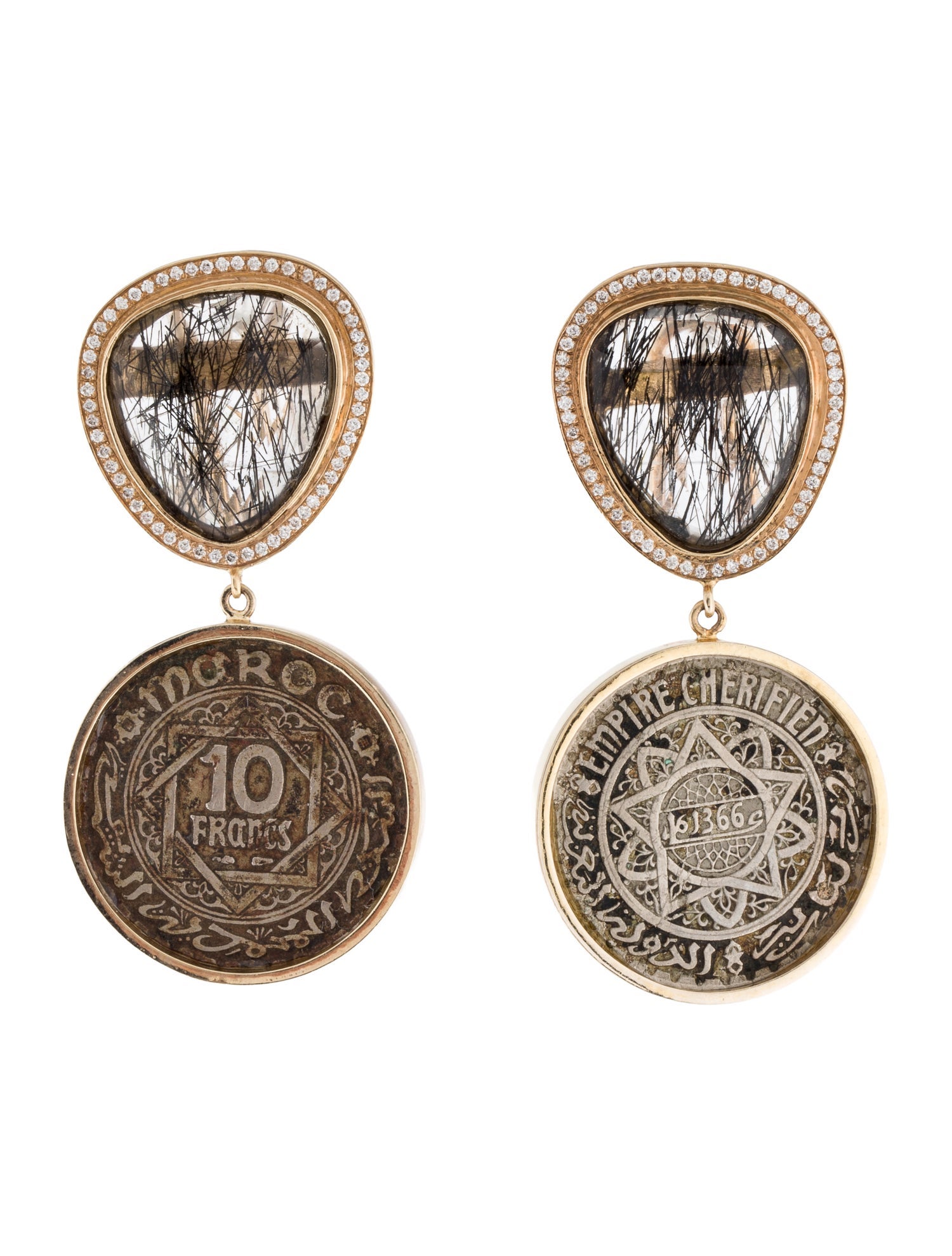 Earrings 18K Tourmalinated Quartz & Diamond Coin Drop Earclips