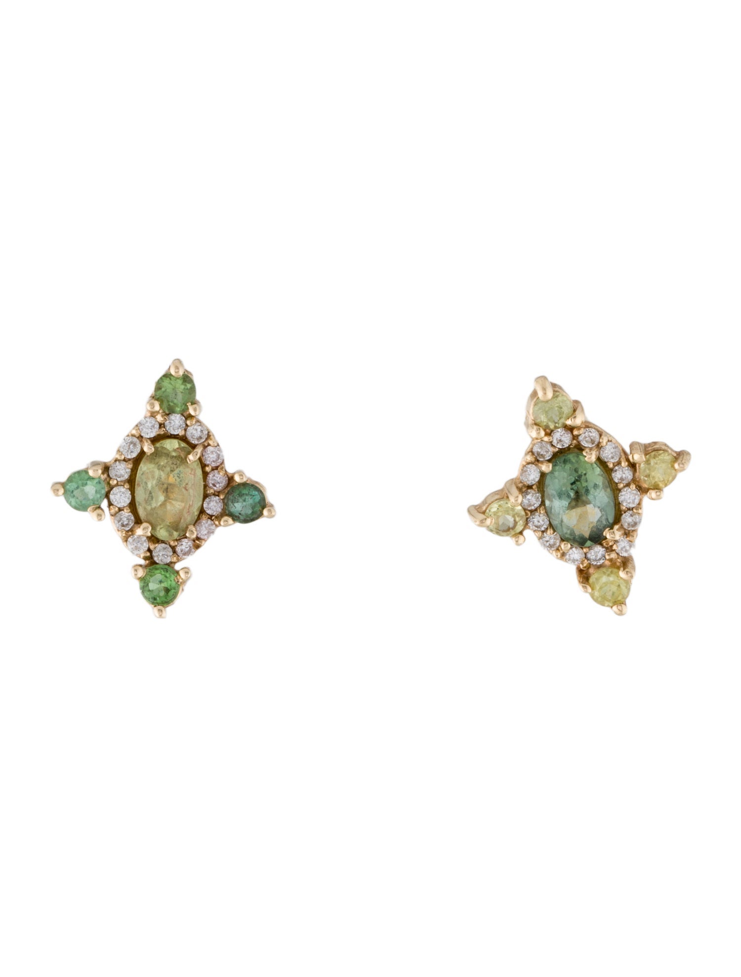 Earrings 14K Chrysoberyl, Diamond & Tourmaline Stud Earrings