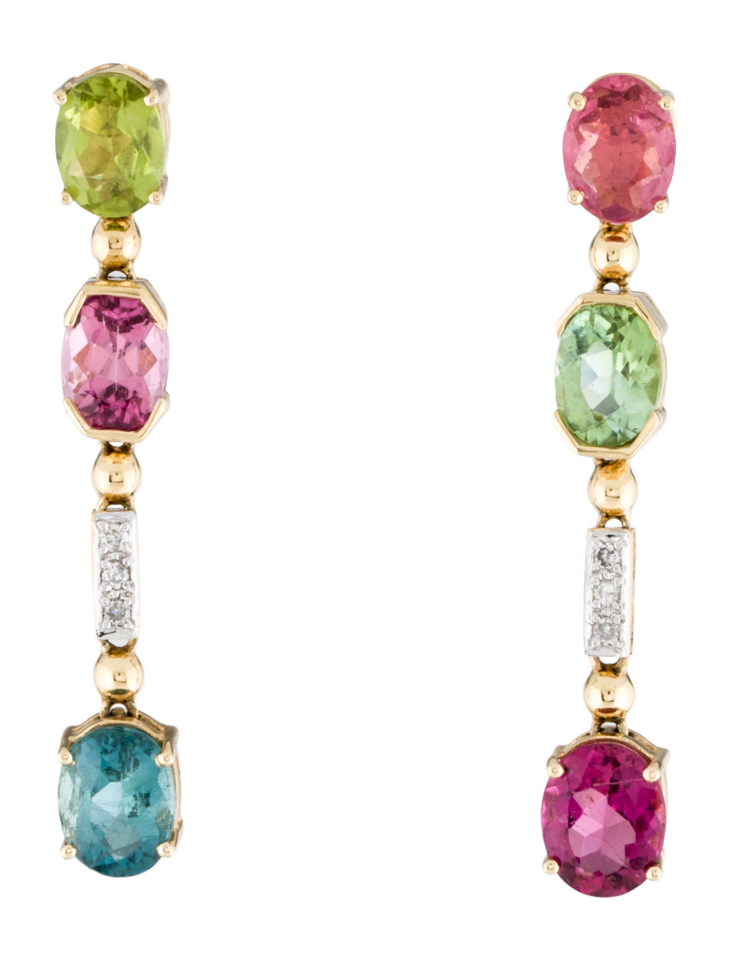 Earrings 14K 6.18ct Tourmaline, Peridot & Diamond Drop Earrings