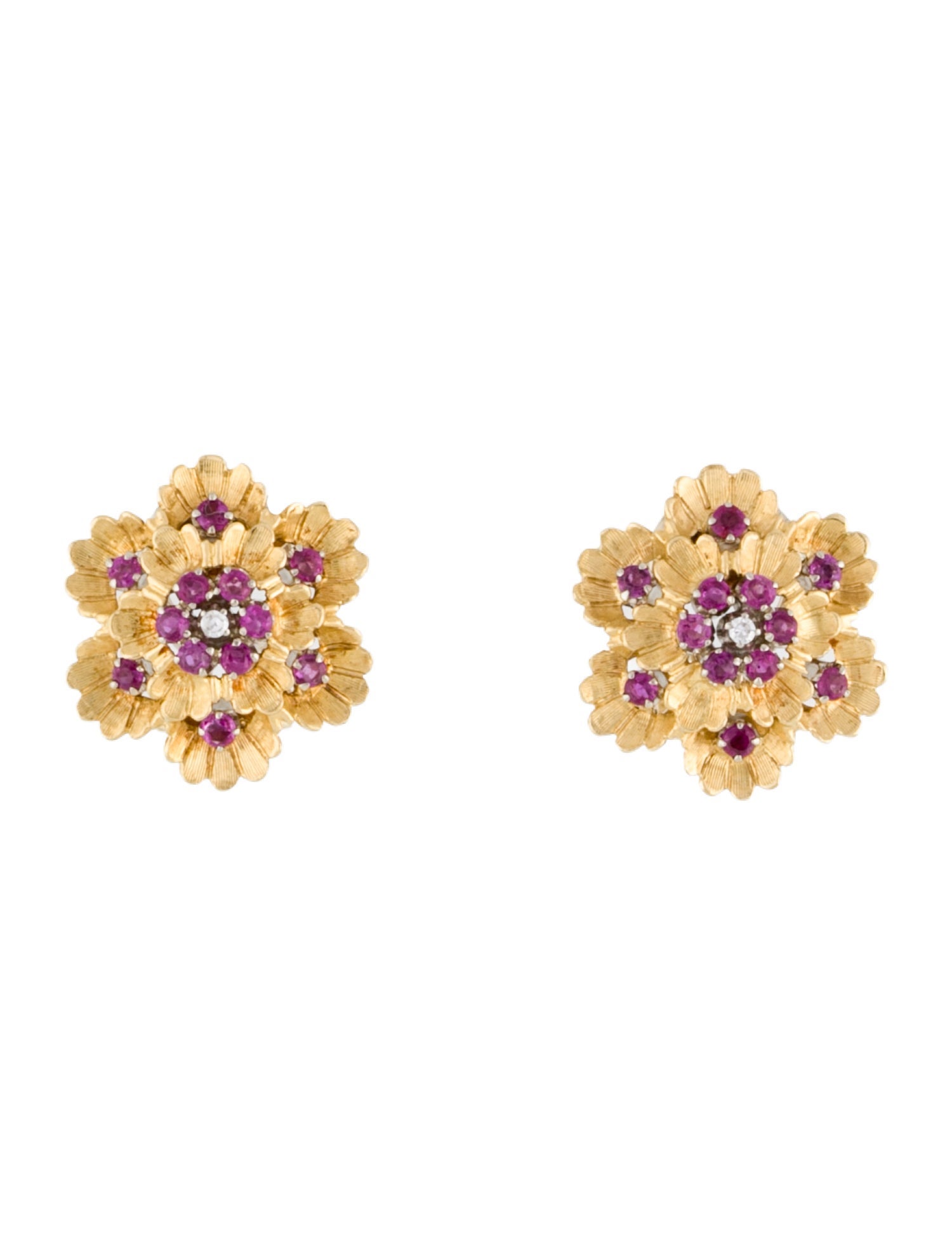 Earrings 18K Ruby & Diamond Cluster Flower Earclips