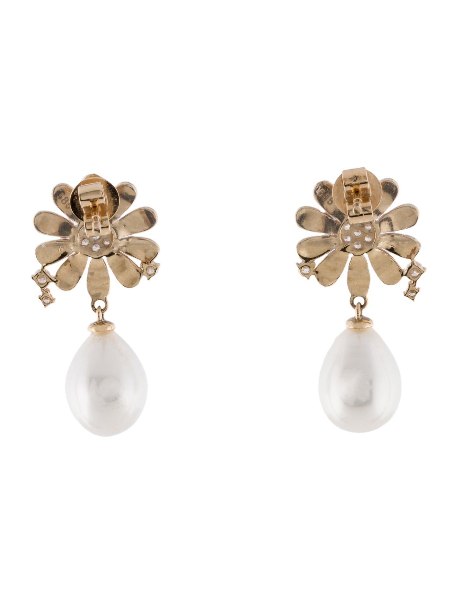 Earrings 14K Pearl & Diamond Flower Drop Earrings
