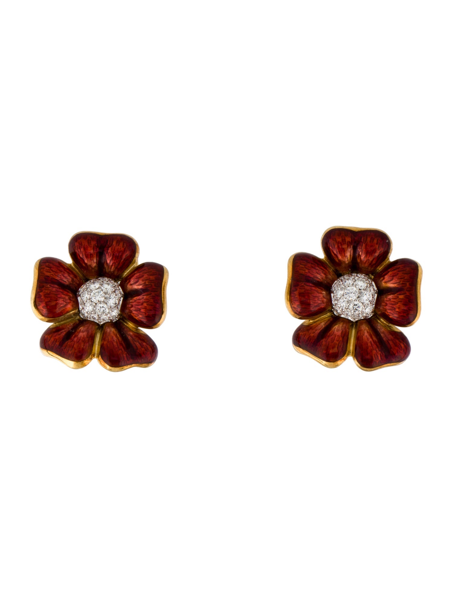 Earrings 18K Enamel & Diamond Flower Clip-On Earrings