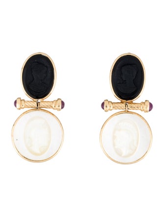 Earrings 14K Mother-of-Pearl, Onyx & Ruby Cameo Clip-On Drop Earrings