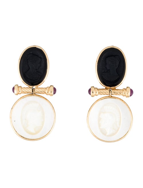 Earrings 14K Mother-of-Pearl, Onyx & Ruby Cameo Clip-On Drop Earrings