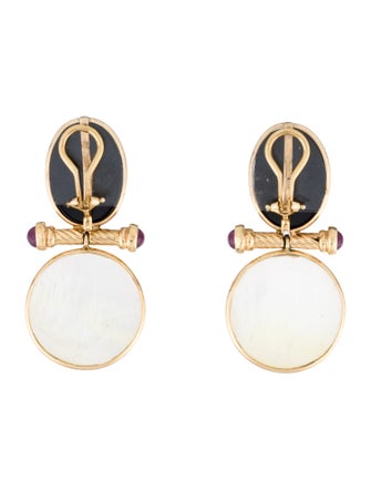Earrings 14K Mother-of-Pearl, Onyx & Ruby Cameo Clip-On Drop Earrings