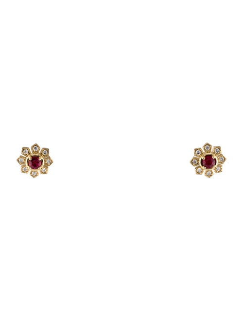 Earrings 14K Ruby & Diamond Flower Stud Earrings
