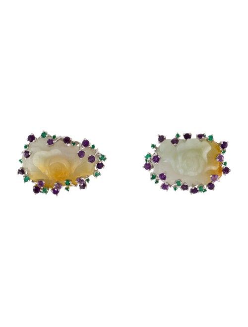 Earrings 18K Carved Jadeite, Emerald & Amethyst Earclips