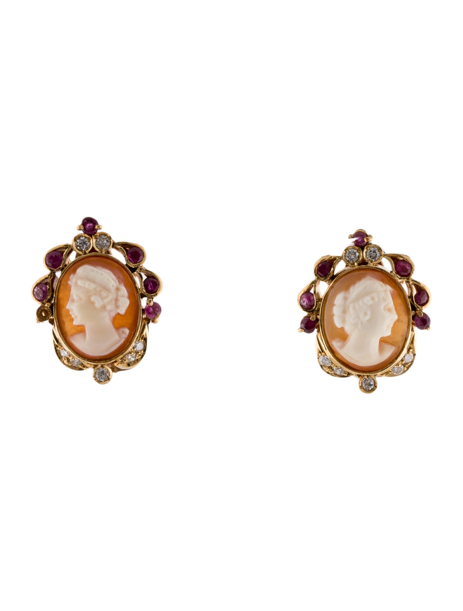 Earrings 18K Shell Cameo, Ruby & Diamond Convertible Clip-On Earrings