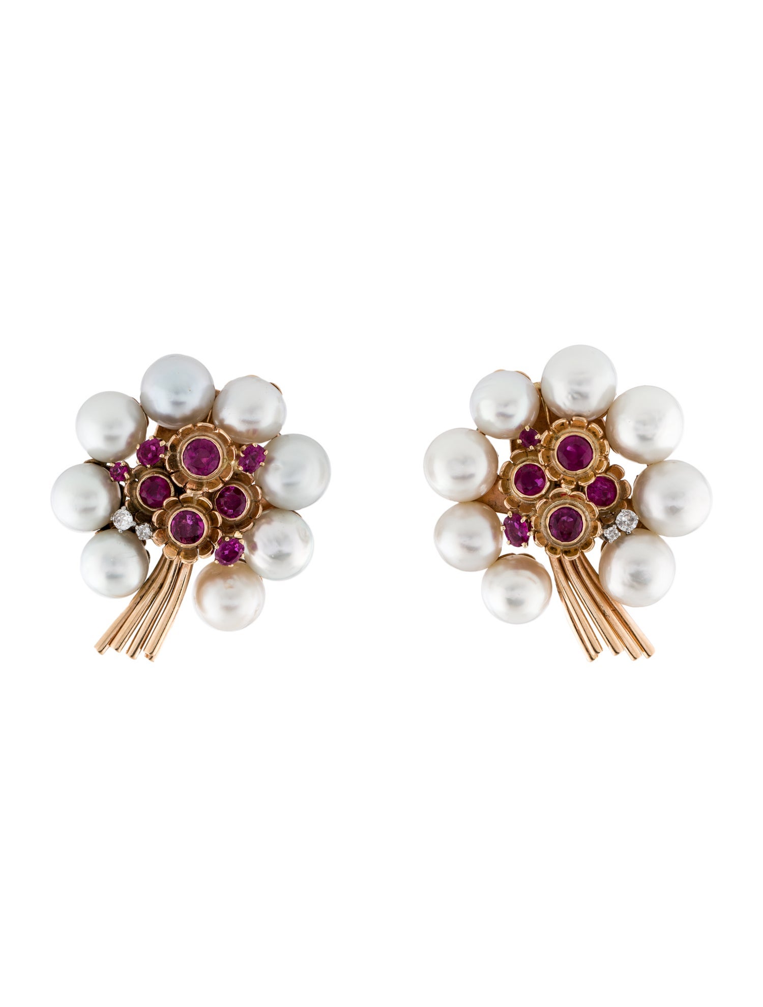 Earrings Vintage 14K Pearl, Ruby & Diamond Mismatched Flower Clip-On