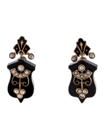 Earrings Victorian 14K Pearl & Onyx Drop Earrings