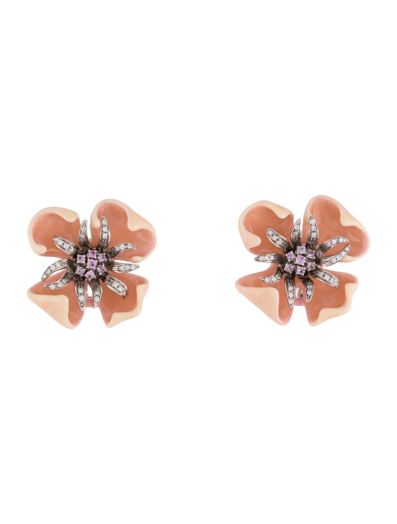 Earrings 18K Pink Sapphire, Diamond & Enamel Floral Clip-On Earrings