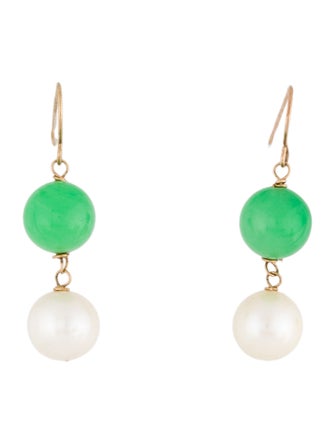 Earrings 10K Pearl & Dyed Jadeite Drop Earrings