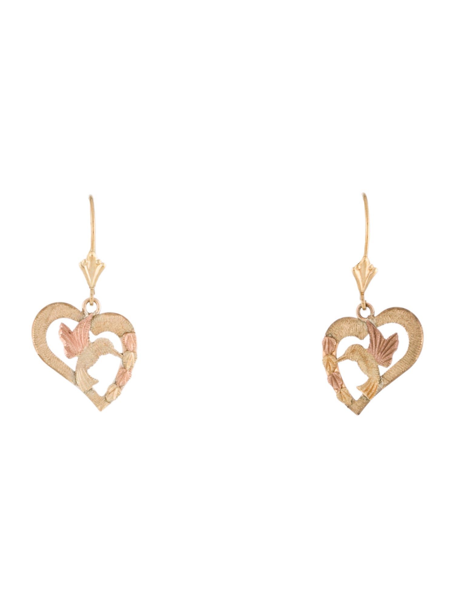 Earrings 10K Two-Tone Textured Hummingbird Heart Drop Earrings