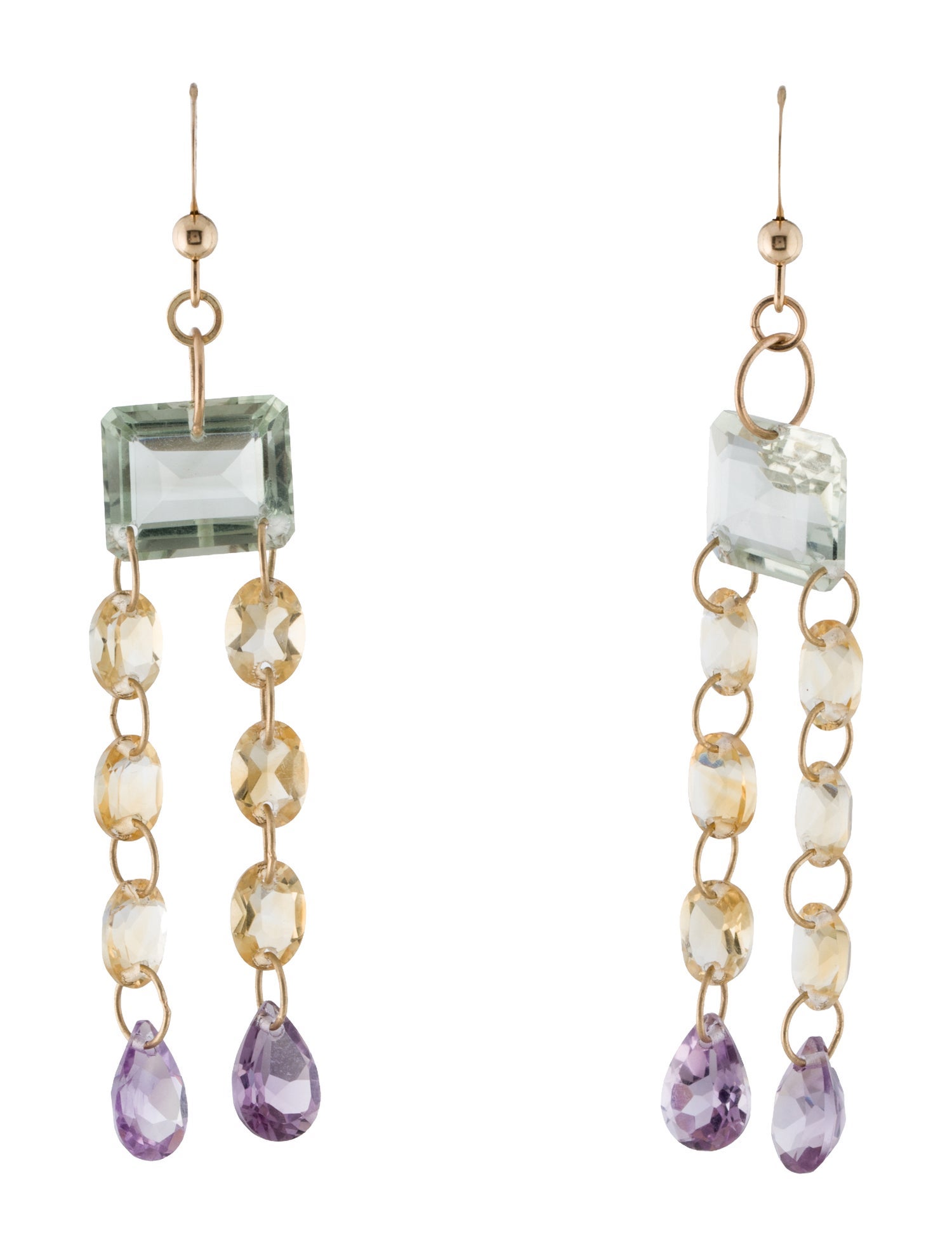 Earrings 14K Prasiolite, Citrine & Amethyst Drop Earrings