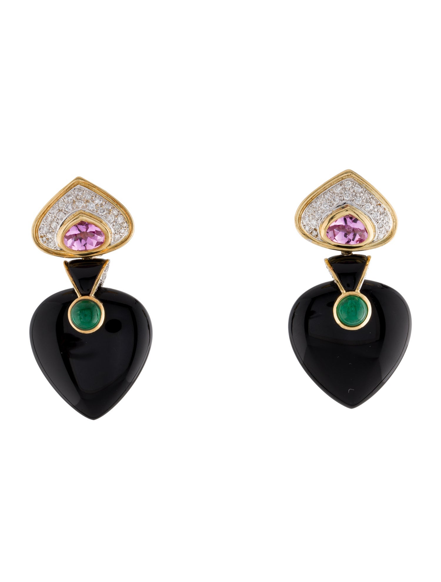 Earrings 18K Synthetic Sapphire, Emerald, Onyx & Diamond Drop Earrings