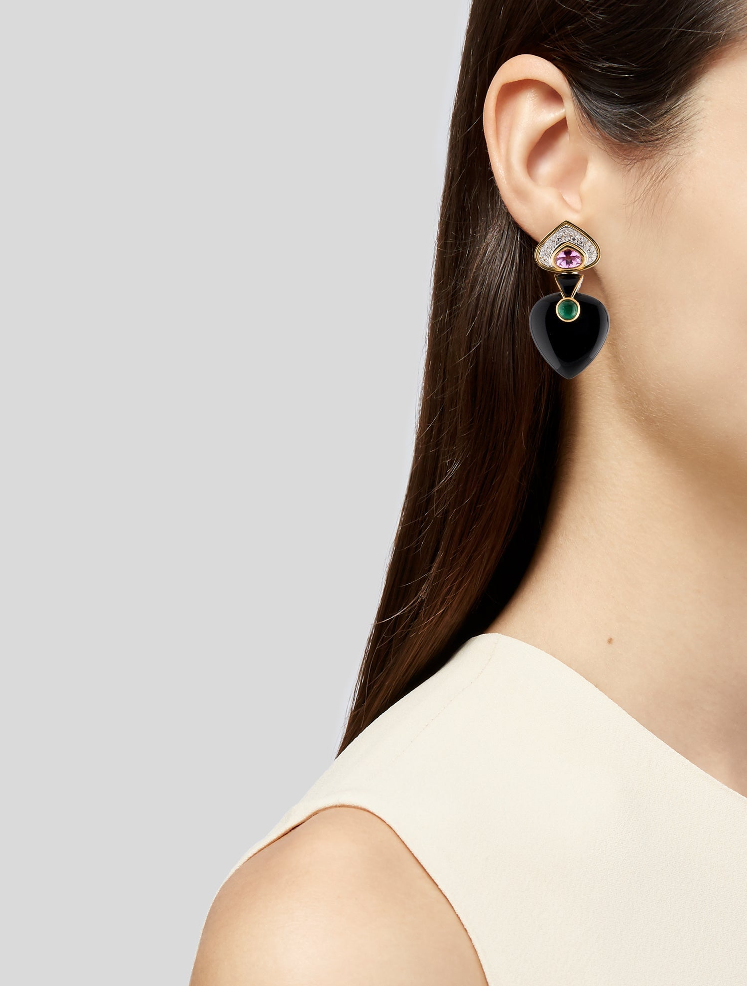 Earrings 18K Synthetic Sapphire, Emerald, Onyx & Diamond Drop Earrings