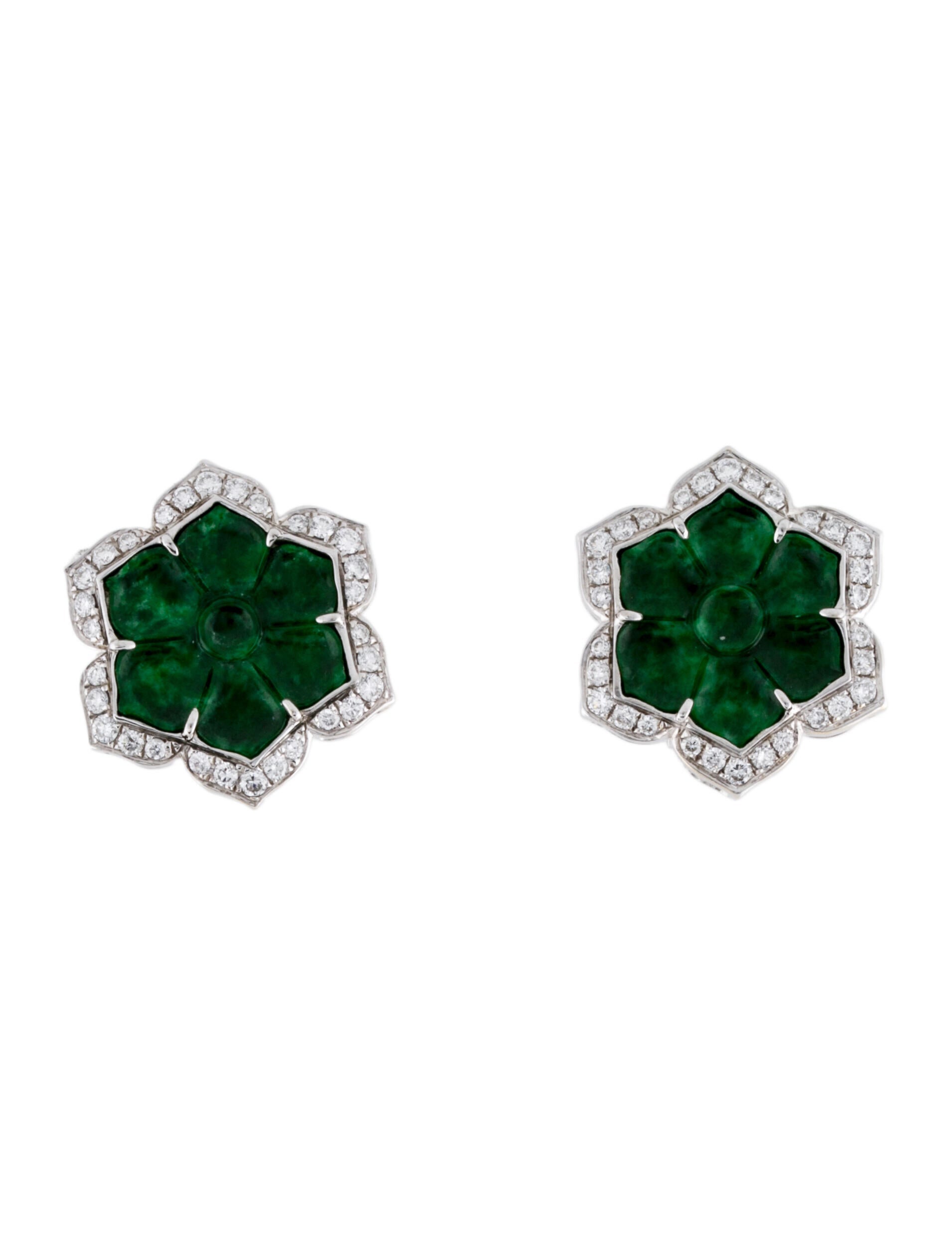 Earrings 18K Jadeite & Diamond Floral Halo Earclip