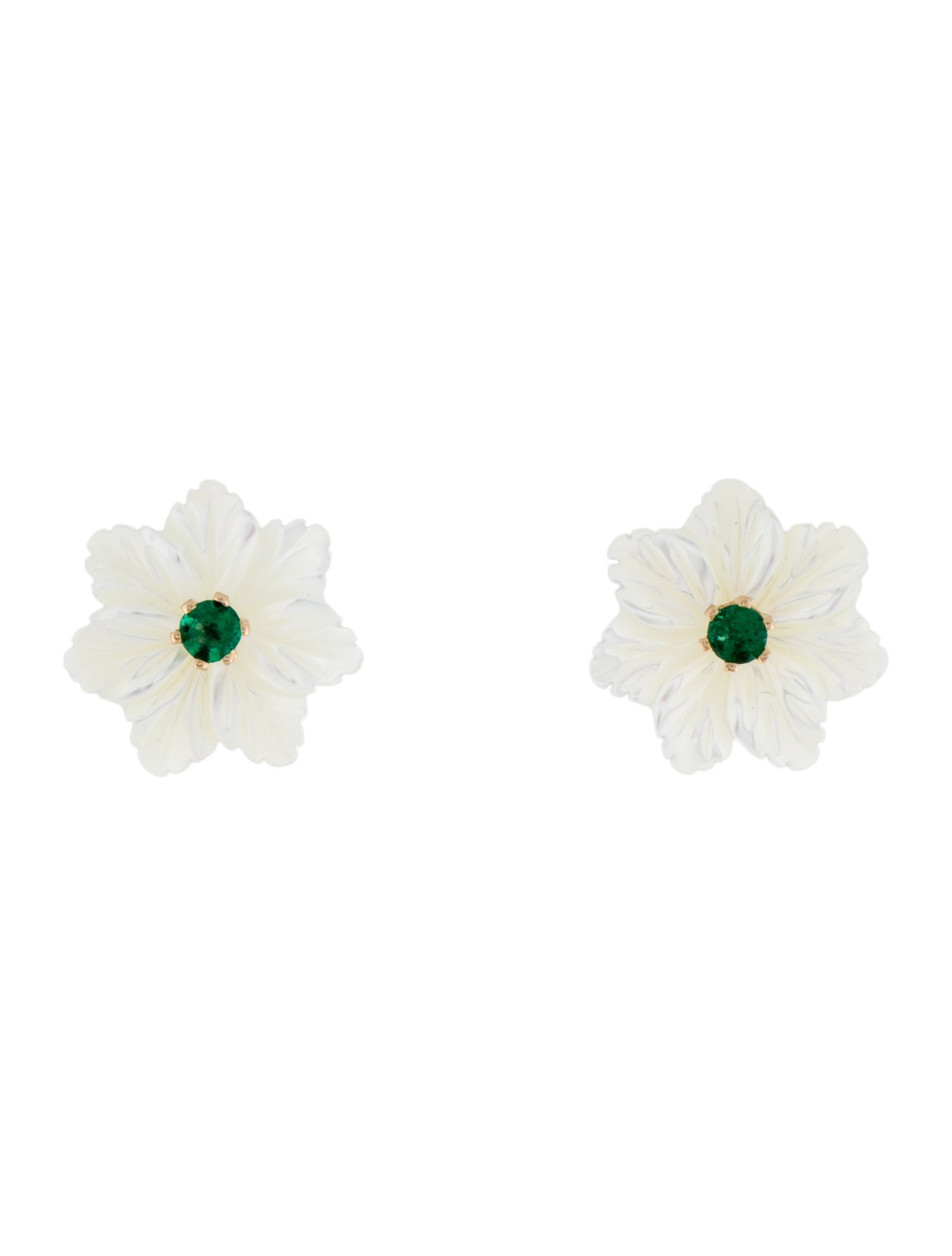 Earrings 14K Mother of Pearl & Emerald Convertible Flower Jacket Stud Earrings