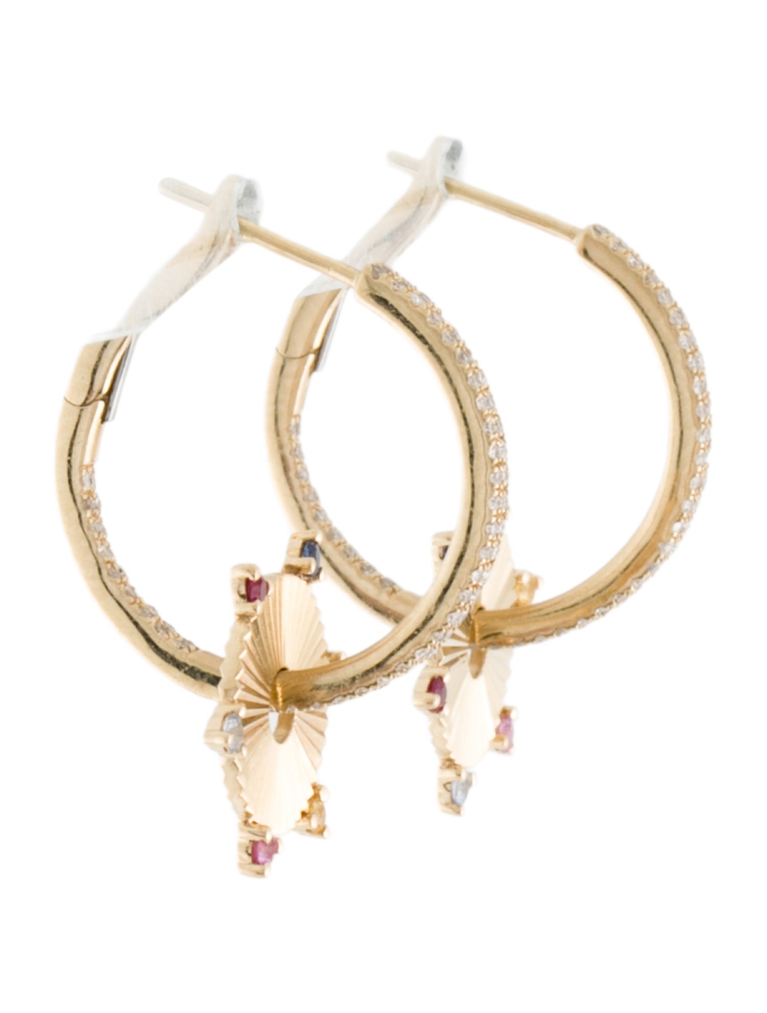 Earrings 14K Multistone & Diamond Hoop Drop Earrings