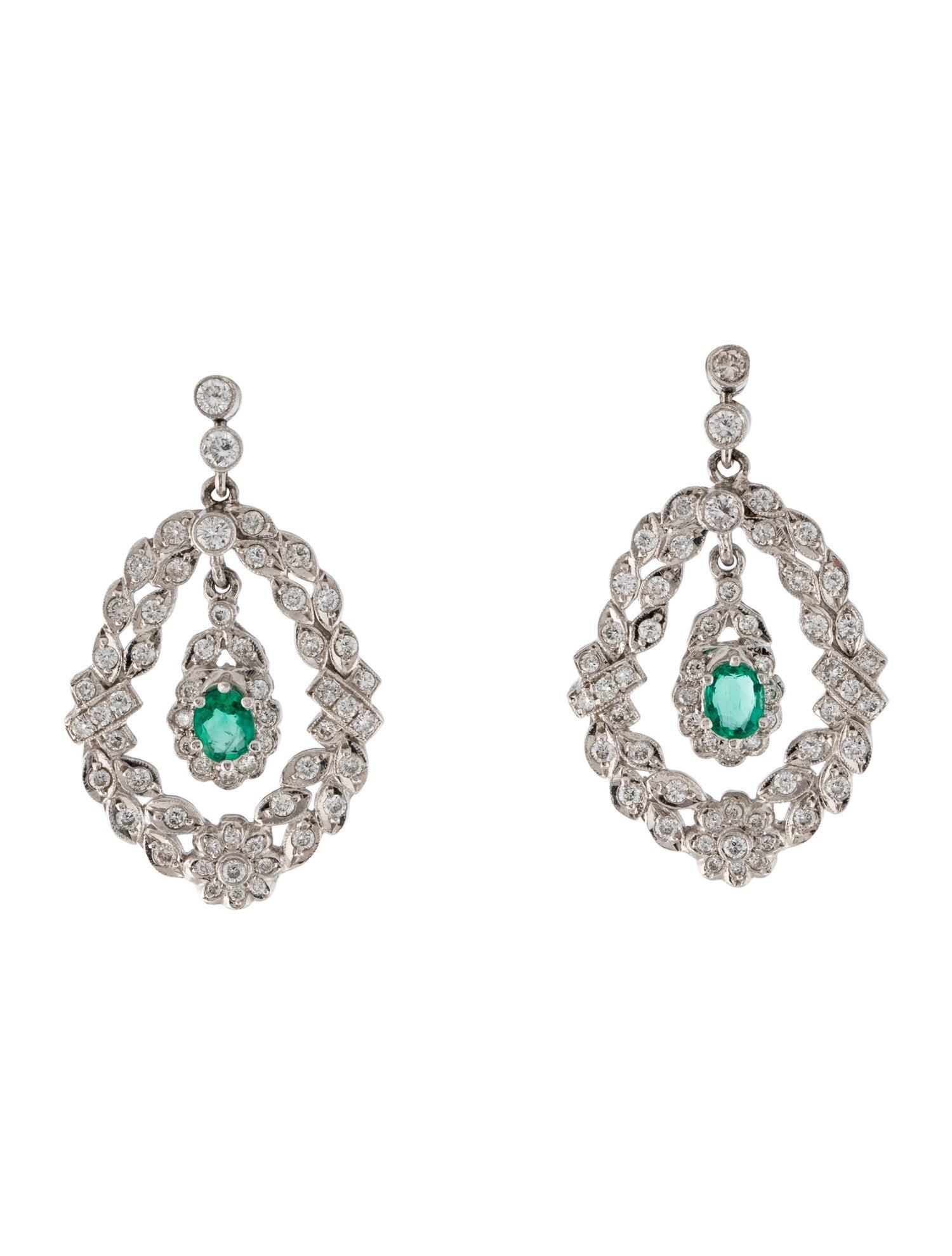 Earrings Platinum 1.51ctw Diamond & Emerald Drop Earrings