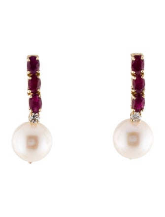 Earrings 14K Pearl, Ruby & Lab-Grown Diamond Drop Earrings