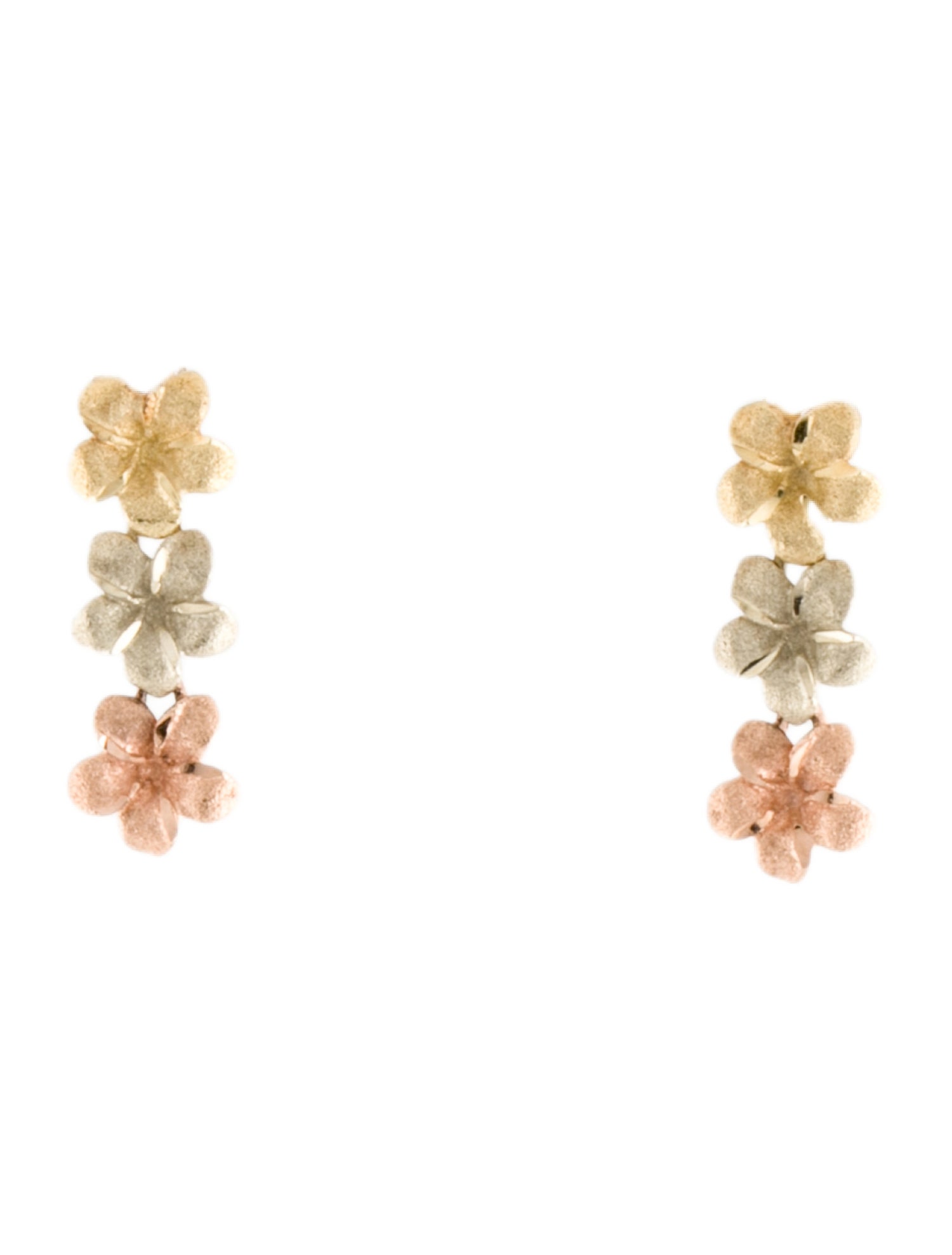 Earrings 14K Tri-Color Textured Floral Linear Drop Earrings