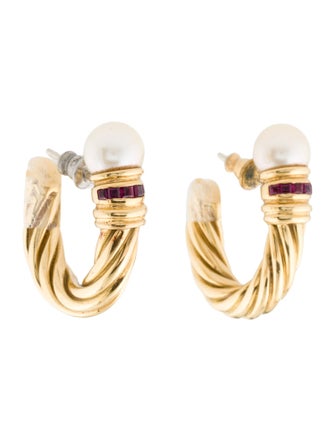 Earrings 18K Pearl & Ruby Cable Huggie Earrings