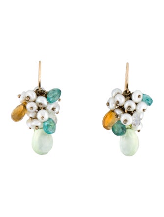 Earrings 14K Pearl & Multistone Cluster Drop Earrings