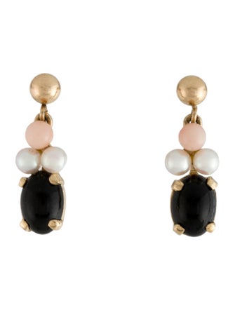 Earrings  14K Pearl, Coral, & Black Coral Drop Earrings