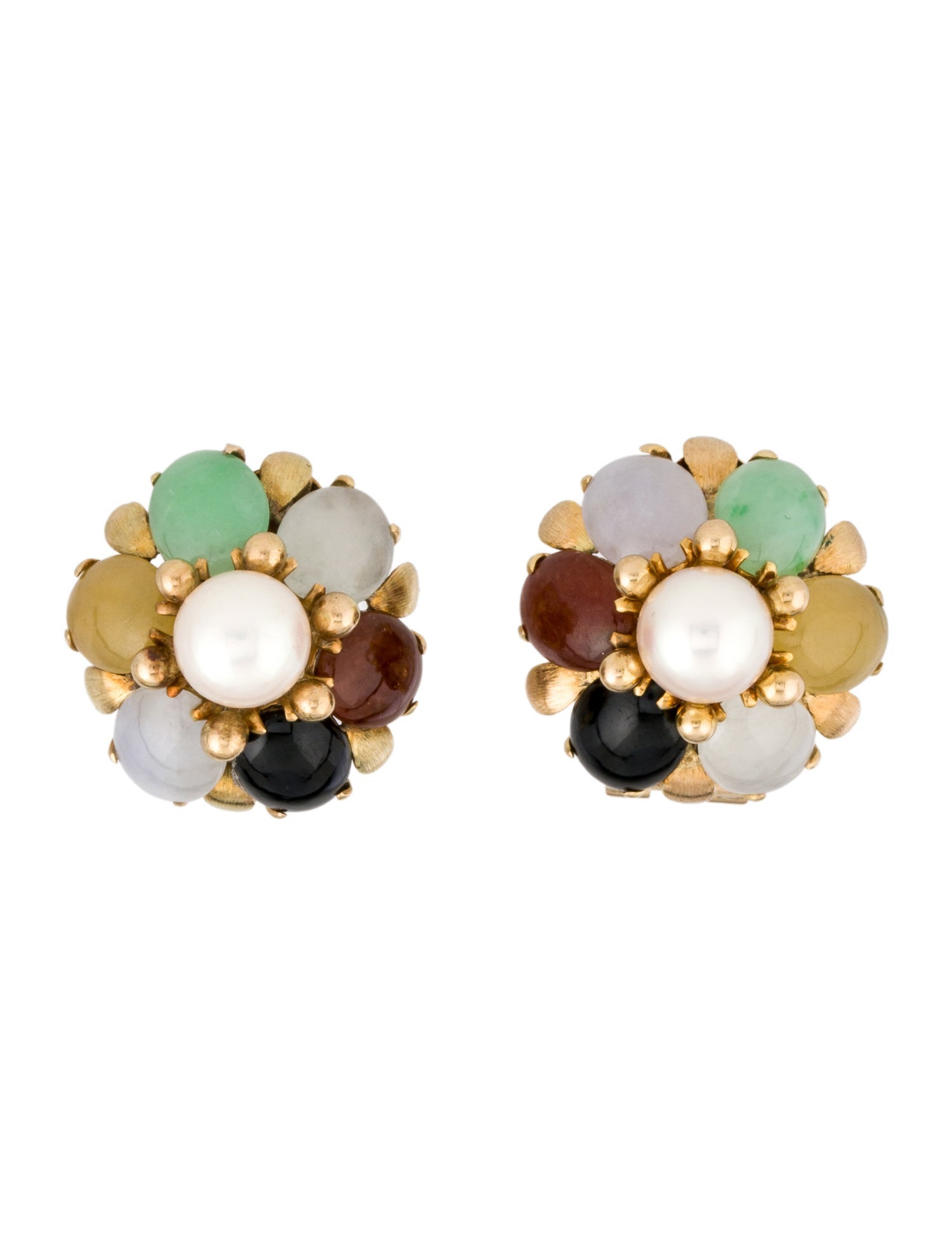 Earrings 14K Pearl, Jadeite & Onyx Flower Earclips