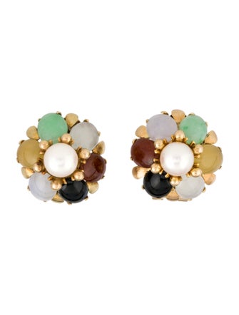 Earrings 14K Pearl, Jadeite & Onyx Flower Earclips