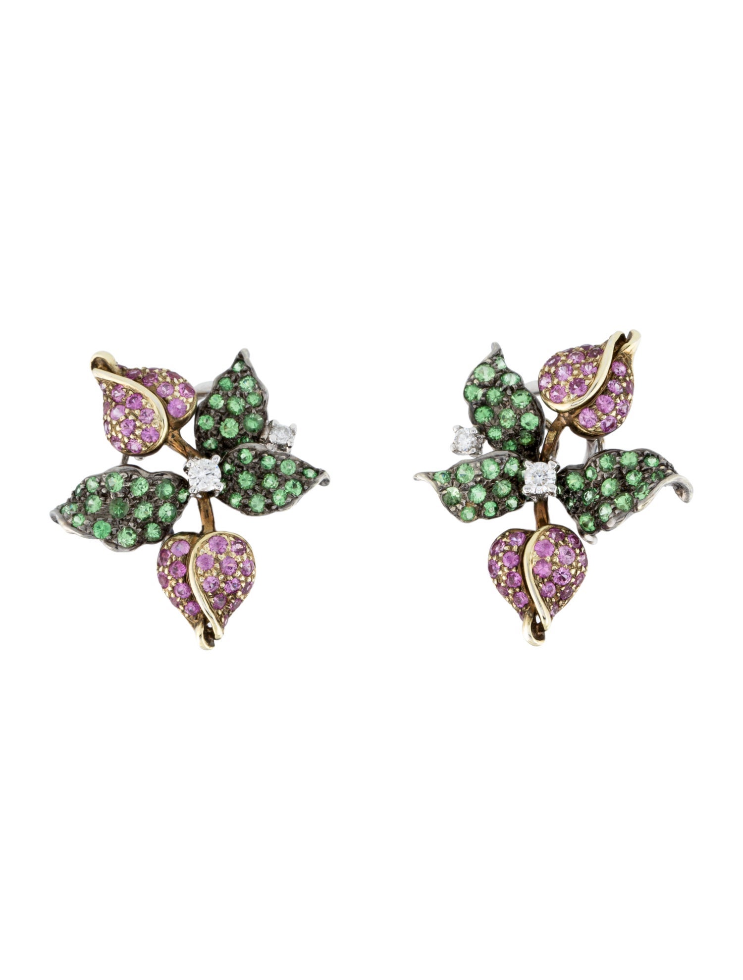 Earrings 18K Pink Sapphire, Tsavorite Garnet & Diamond Earclips