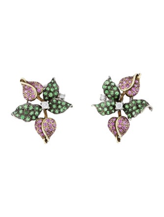 Earrings 18K Pink Sapphire, Tsavorite Garnet & Diamond Earclips