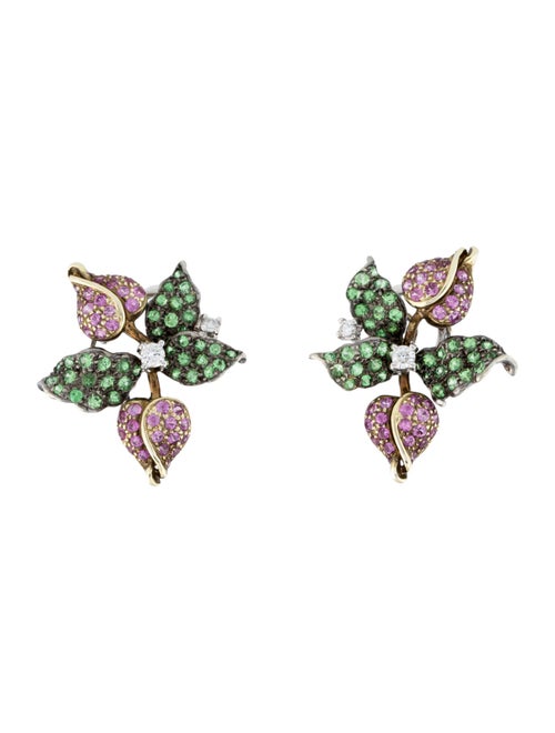 Earrings 18K Pink Sapphire, Tsavorite Garnet & Diamond Earclips