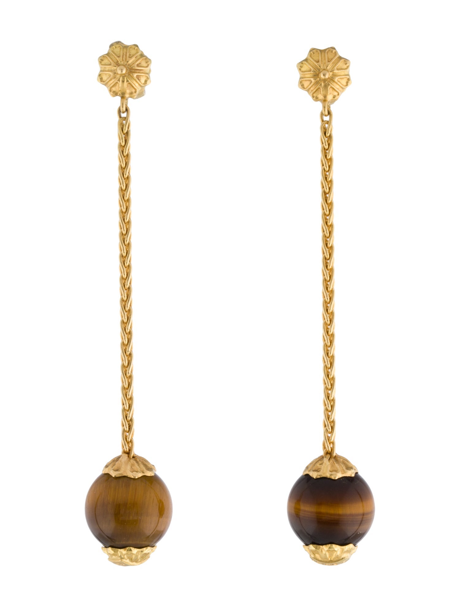 Lalaounis 18K Tigers Eye Ball Drop Post Earrings