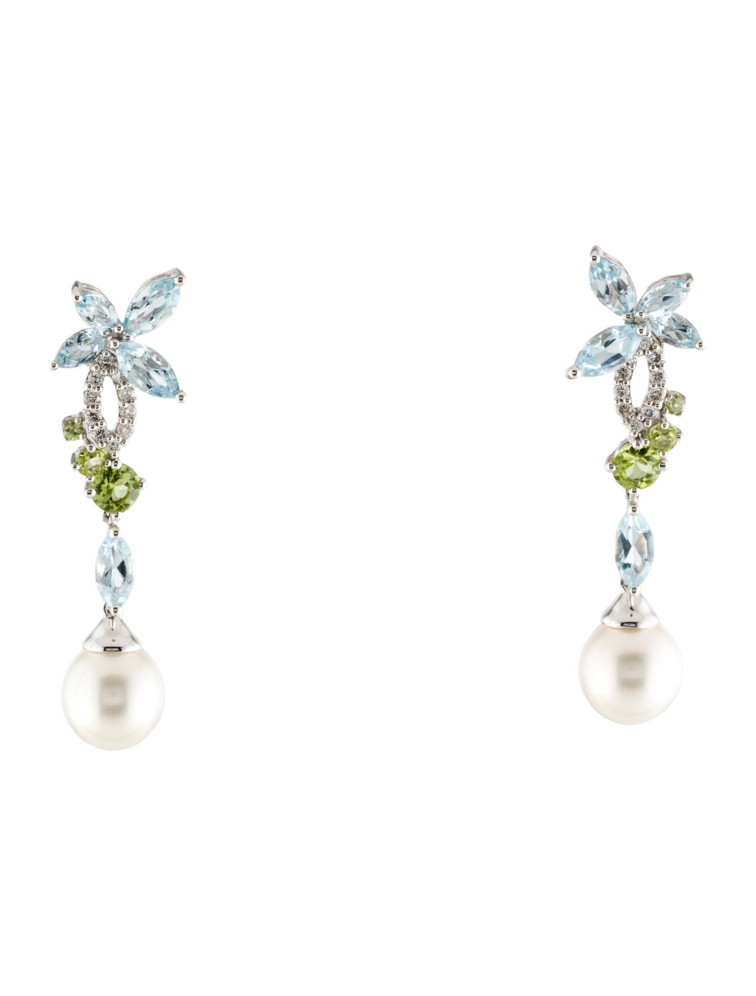 Earrings 18K Pearl, Peridot, Aquamarine & Diamond Drop