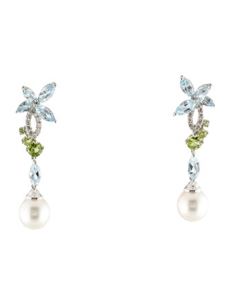 Earrings 18K Pearl, Peridot, Aquamarine & Diamond Drop Earrings