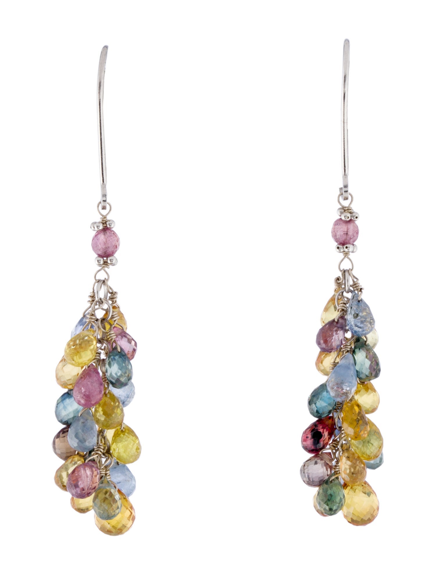 Earrings 14K Ruby & Sapphire Multicolor Briolette Bead Cluster Drop