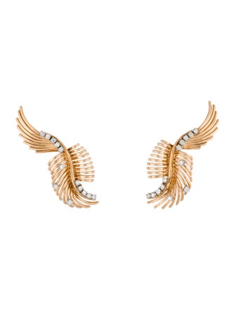 Earrings Retro 18K Diamond Feather Clip-On Earrings