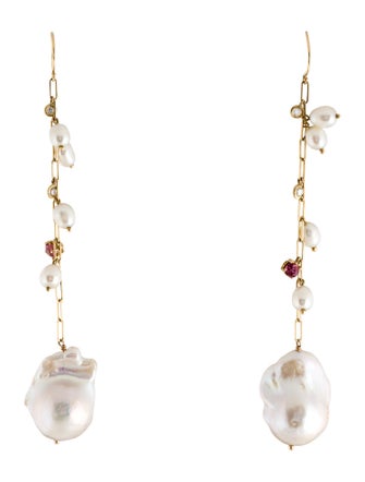 Earrings 14K Pearl, Tourmaline & Diamond Drop Earrings