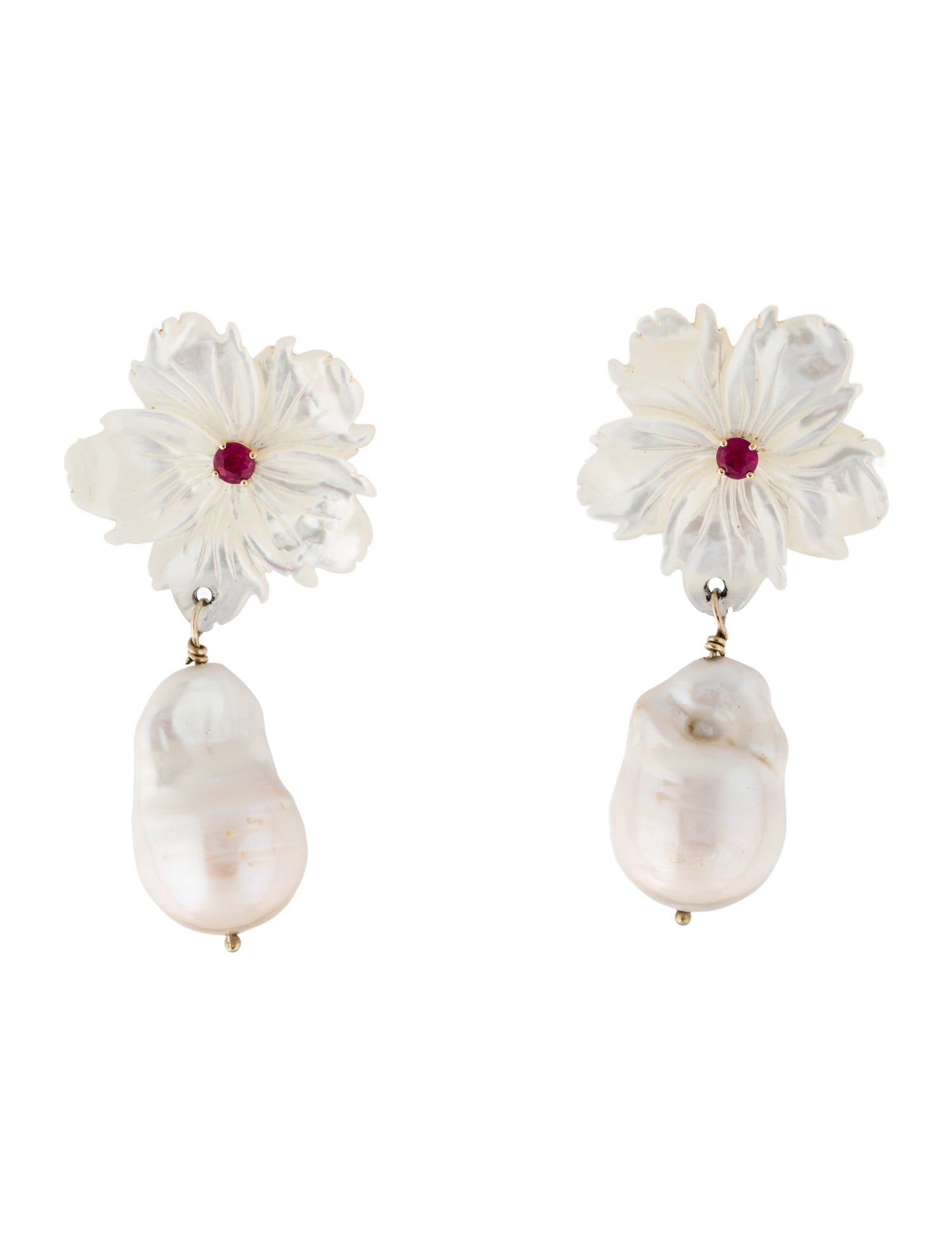 Earrings 14K Peal, Mother of Pearl & Ruby Convertible Drop Earrings
