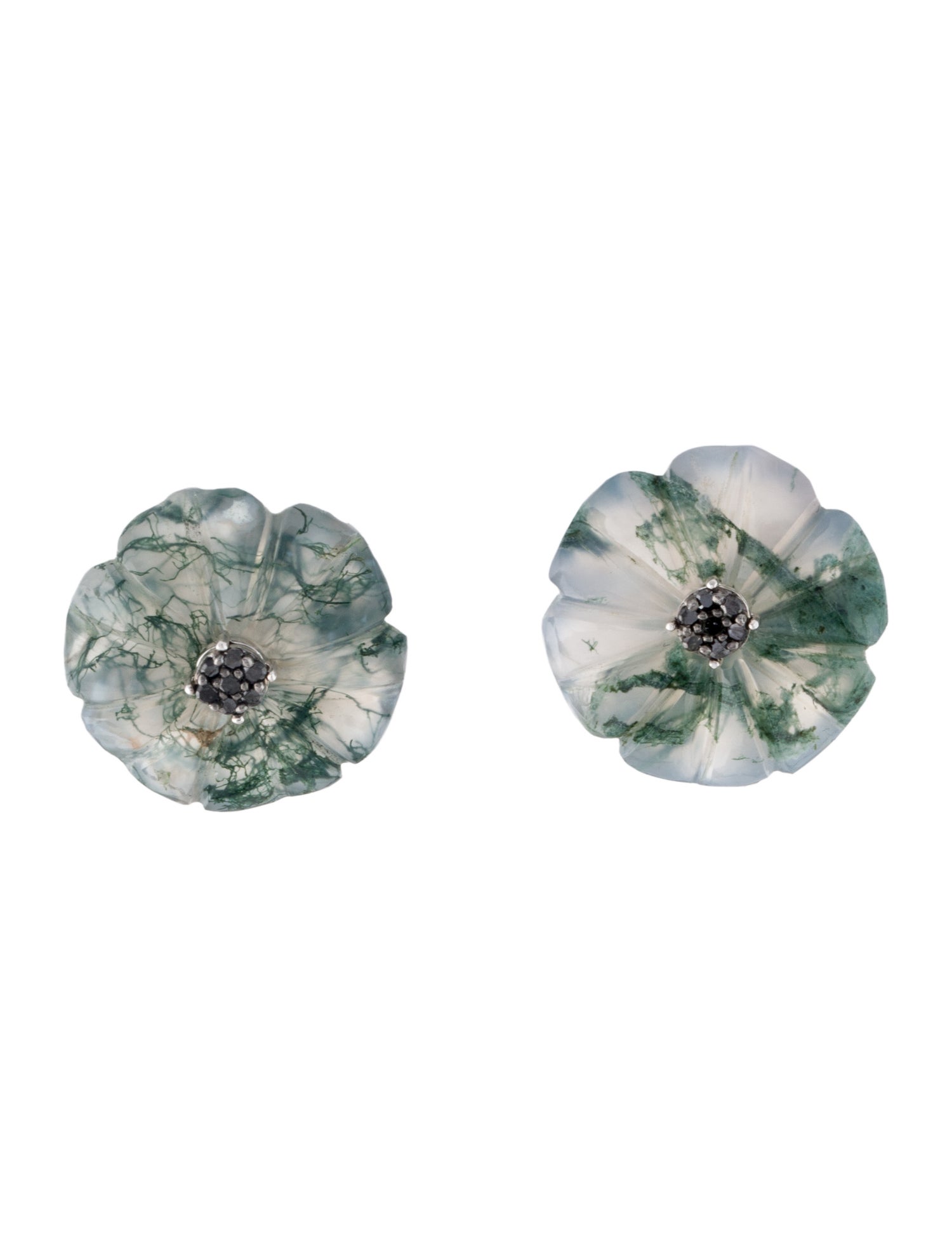 Earrings 14K Black Diamond & Moss Agate Convertible Flower Jacket Stud Earrings