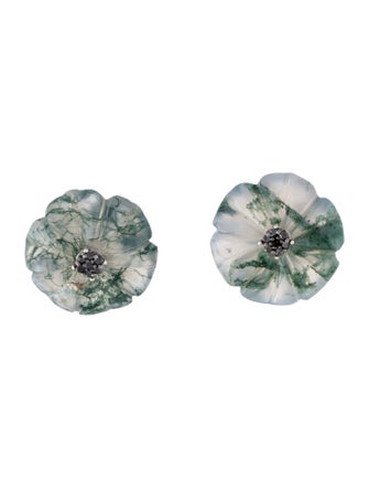 Earrings 14K Black Diamond & Moss Agate Convertible Flower Jacket Stud Earrings