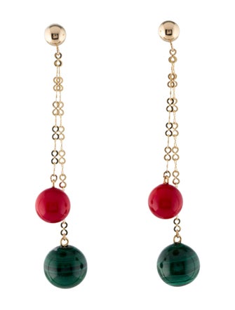 Earrings 14K Dyed Coral & Malachite Drop Earrings