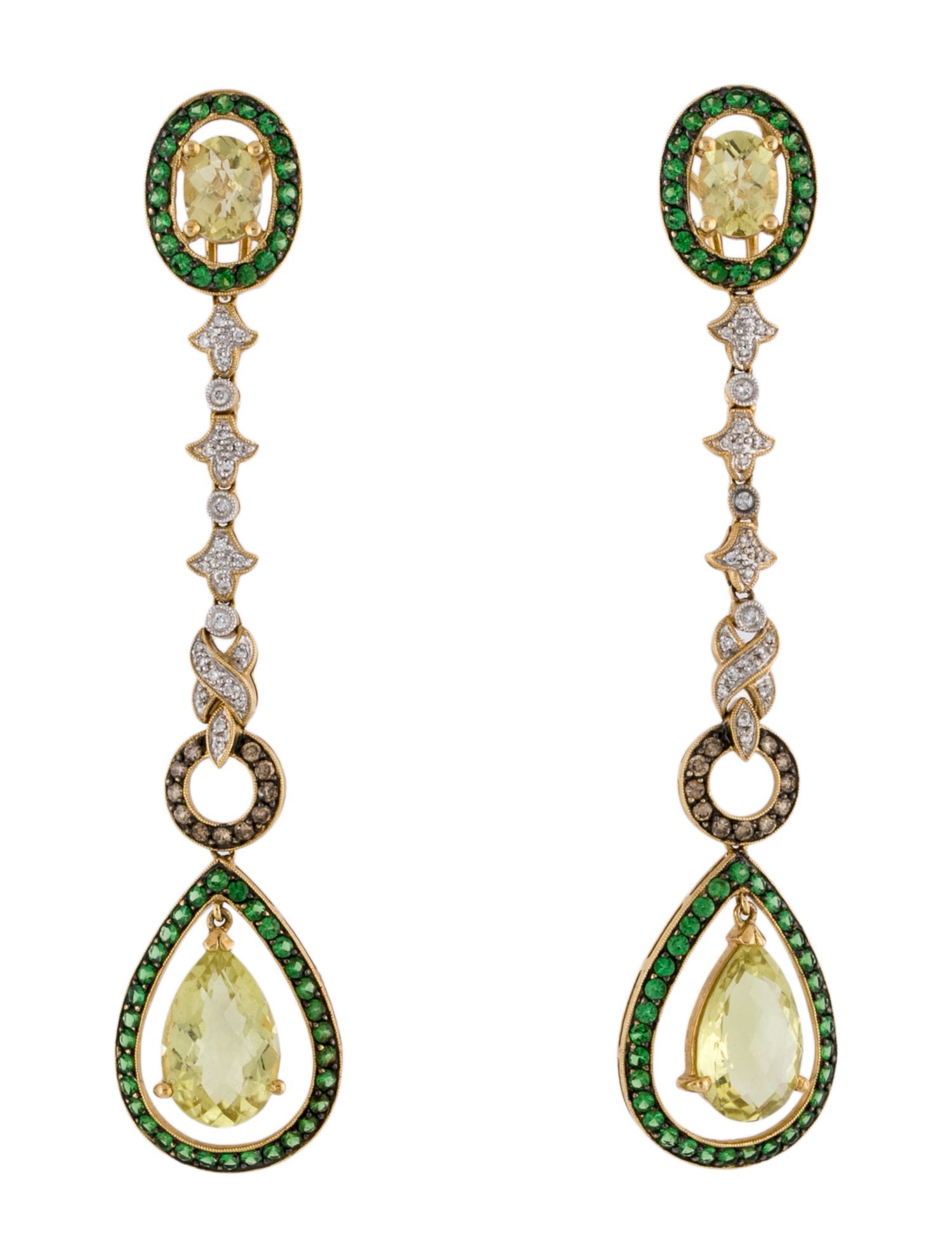 Earrings 18K Tsavorite Garnet, Quartz, & Diamond Drop Earrings