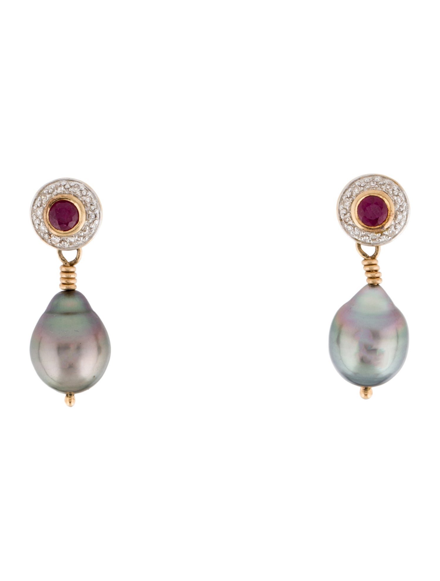 Earrings 14K Pearl, Diamond & Ruby Drop